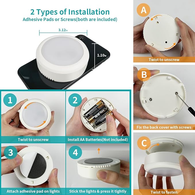 LEASTYLE Puck Lights with Remote, Battery Operated Under Cabinet Lighting with Dimmable Timer, 3000K Stick-On Closet Light Under Counter Lights for Kitchen,White (1 Pack)