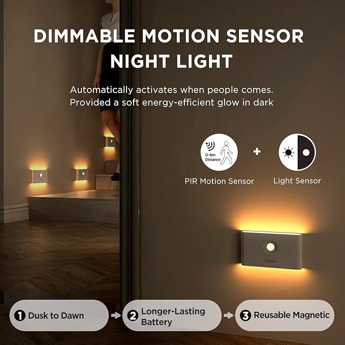 Midea 2 Pack Rechargeable Night Lights with Motion Sensor/Dusk to Dawn Sensor, Batteries Operated Night Light Stair Lights for Indoor/Bedroom/Bathroom/Kitchen/Hallway,Cordless Design with Magnetic
