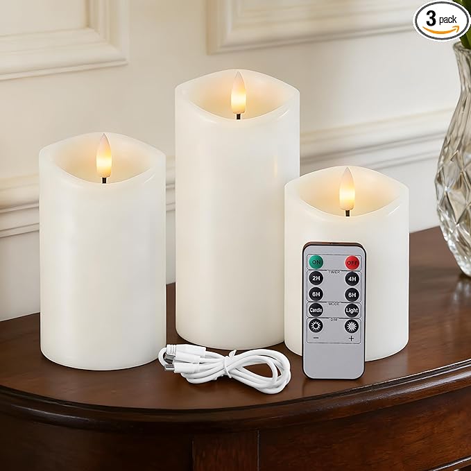 Rechargeable Flickering Flameless Candles Melted Edge Battery Operated with Remote and Timer, Real Wax LED USB Type-C Pillar Candles, Set of 3 (3" x 4",5",6"), White,Spring Home Decor