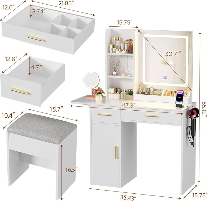 Vanity Desk with Mirror and Lights & Extral Foldable Desk, 31.5" & 39.3" Makeup Vanity Table with 4 Drawers and 3 Open Shelves, Dressing Table for Bedroom, White