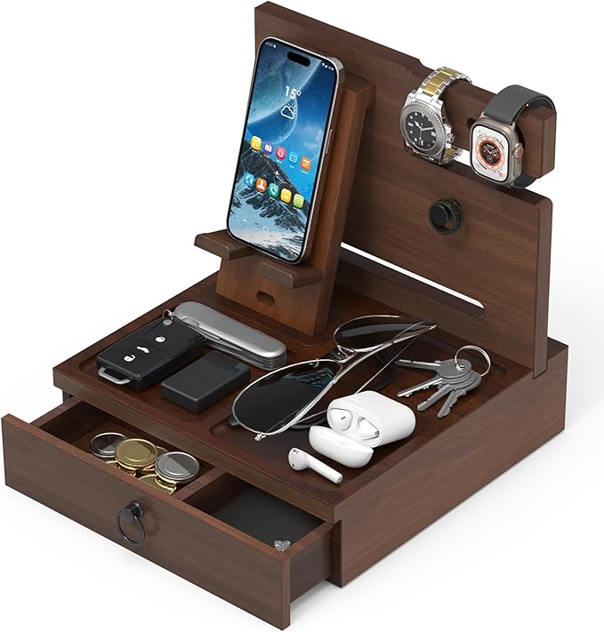 Wood Phone Docking Station, Nightstand Organizer with Drawer, Bedside Table Organizer for Watch & Accessories, Christmas Anniversary Birthday Gifts for Men,Dad,Husband