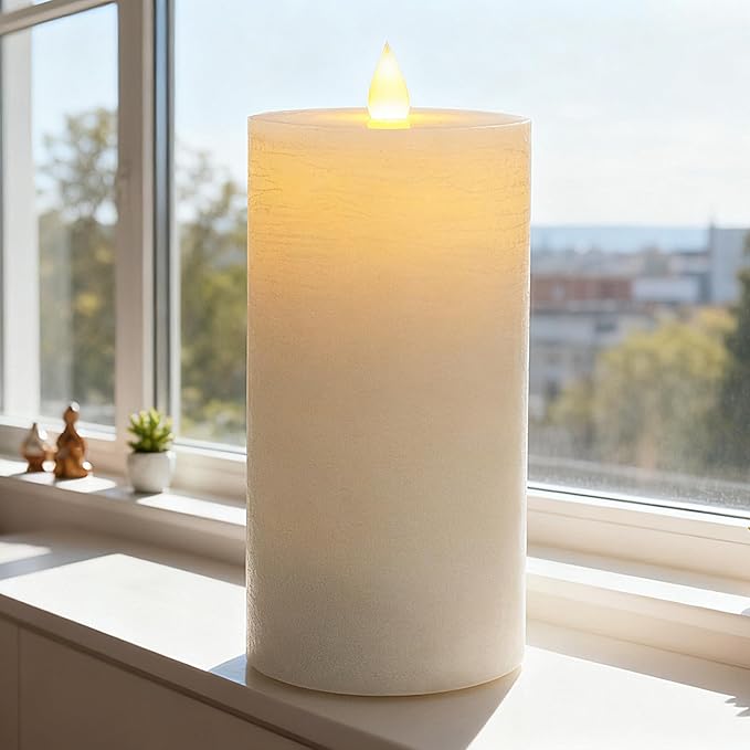 Flickering Flameless Candle with 3D Moving Flame, with Remote and Timer, Real Wax Candles, LED Pillar Water Ripples Battery Operated Candle for Wedding, Christmas, Home Decor(Ivory)