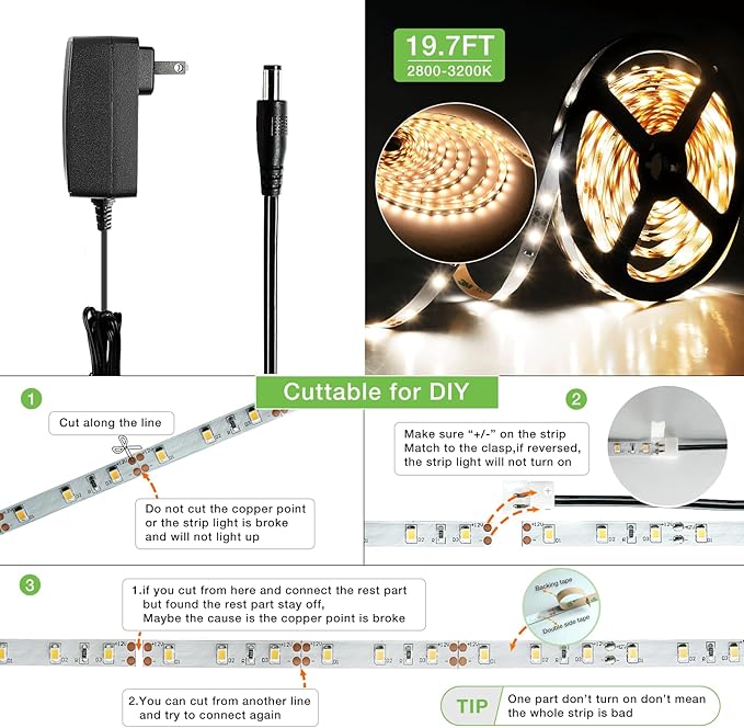 RAYZEEK Wireless Motion Activated LED Strip Lights,19.7FT LED Strip Lights with Power Adapter,RF Wireless Motion Sensor Control Dimmer,Timing,Warm White (1×Controller+2×Motion Sensor)