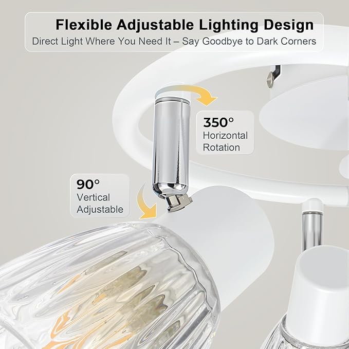 HiBay 3-Light Track Lighting White, Directional Modern Ceiling Light Fixture w/Glass Shades, Flush Mount Ceiling Spotlight Indoor for Kitchen, Bedroom, Living Room, E12 Base, No Bulbs