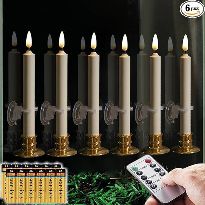 NONNO & ZGF 6PACK Flameless 8'' Window Candles +12 AA Batteries(Include)+6 Suction Cup+6 Golden Candleholders. Battery Powered Ivory Taper Candles with Remote and Timer.Remote Included