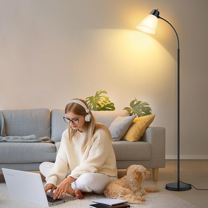 Floor Lamp for Living Room, Adjustable Head Standing Lamp with White Plastic Shade, Black Reading Floor Lamps for Dorm, Bulb not Included