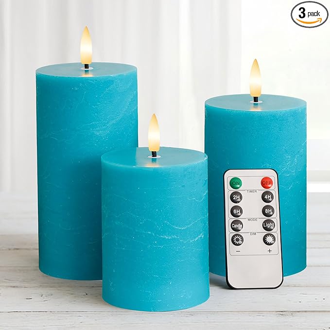 Teal Flameless Candles, Real Wax Battery Operated Candles with Remote, Flat Top Flickering LED Pillar Candles for Home Party Wedding Holiday Decor, Set of 3 (H 4" 5" 6" x D3)