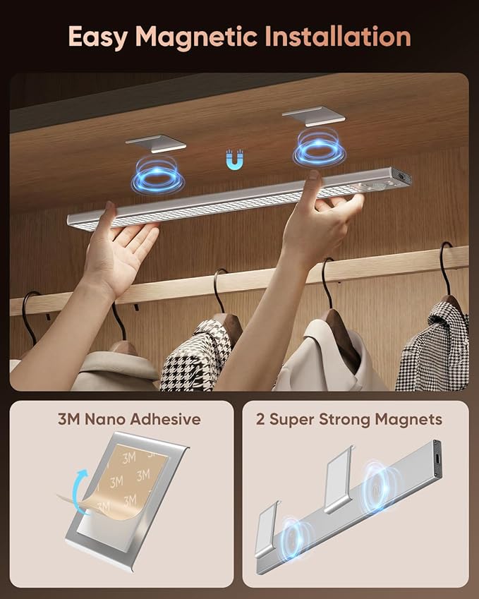 12inch Under Cabinet Lighting, 152LED Motion Sensor Light Indoor, USB Rechargeable Closet Lights, 3 Color Temps, Dimmable, Wireless Under Counter Lights for Kitchen, Stairs, Pantry, 4 Pack
