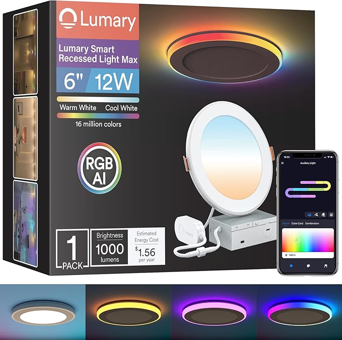 Lumary RGBAI Smart Recessed Lighting 6 Inch with Gradient Accent and Night Ring, 12W 1000LM Wi-Fi LED Recessed Lights, LED Downlight Compatible with Alexa/Google Assistant/Siri, 1PCS
