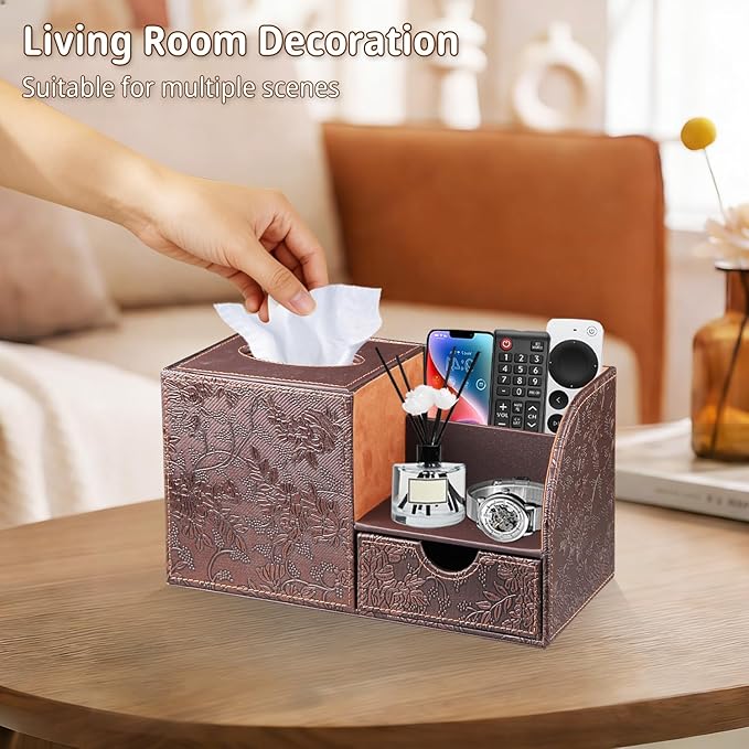 Nightstand Organizer with Tissue Holder,PU Leather Square Tissue Box Cover,Modern Facial Paper Organizer Storage Box for Remote Control,Bathroom,Vanity Countertop,End Table Home Office