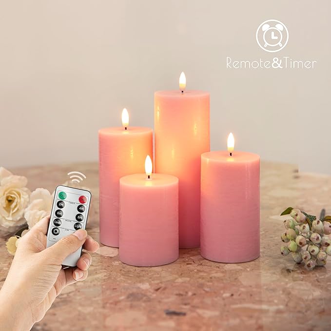 Flameless Candles, 4 Pack Battery Operated Candles with Remote, Real Wax LED Fake Candles with Timer Flickering for Christmas Wedding Home Party D3 H 5" 6" 7" 9" Pink