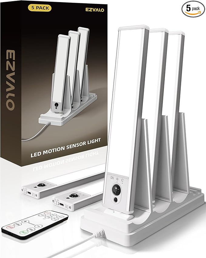 EZVALO 5-Pack Under Cabinet Lighting with Charging Station, 2400mAh Motion Sensor Light, LED Coutner Lights Wireless, 6500K Dimmable, Timer, Magnetic, with Remote Control for Kitchen, Closet, Stair