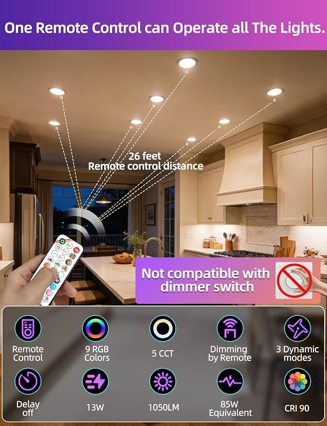 Retrofit LED Recessed Lighting 5/6 Inch, Color Changing, 13W Remote Control, Color Temperature Tunable 2700K-6000K, ETL (6 Pack)