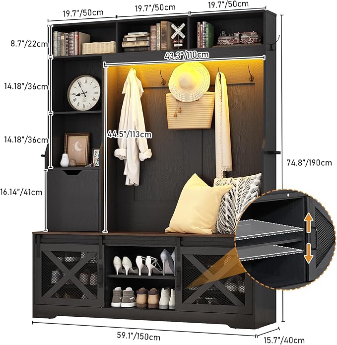 75''H LED Farmhouse Hall Tree with Bench and Shoe,Entryway Bench with Coat Rack,16 Shoe Cubbies & Umbrella Holder and Sock Storage Drawer,Mudroom/Hallway Storages Cabinet(Black)