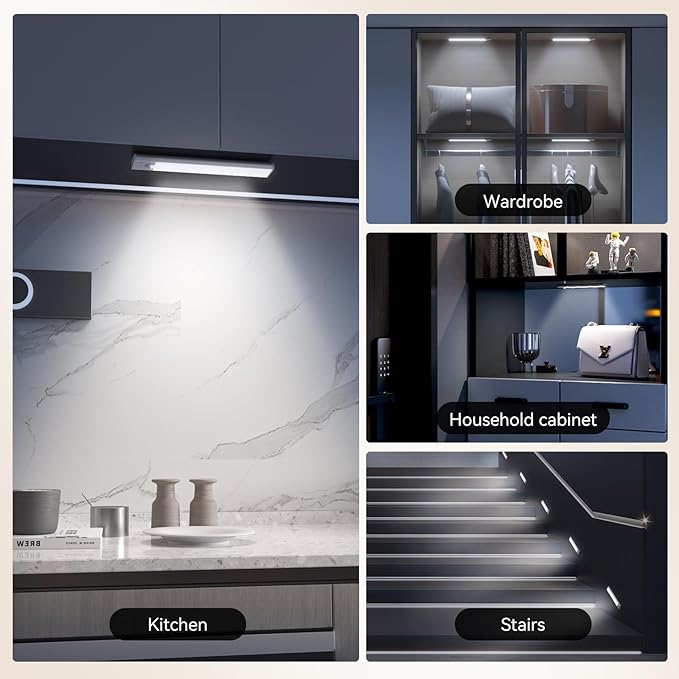 Under Cabinet Lighting, 3 Color Magnetic Motion Activated Under Cabinet Lights, Rechargeable Closet Lights 2500mAh Battery Operated, Wireless Dimmable Under Counter Lights for Kitchen,Hallway 4 Pack