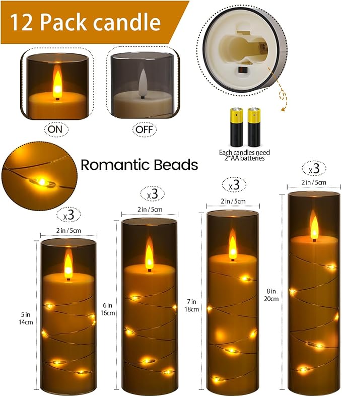 ACROSS Grey Flameless Candles with String Lights Battery Operated LED Pillar Candles 5‘’ 6‘’ 7‘’ 8‘’ Candle with Remote Control,Fake Candle Set of 12 for Special Festivals Decorations