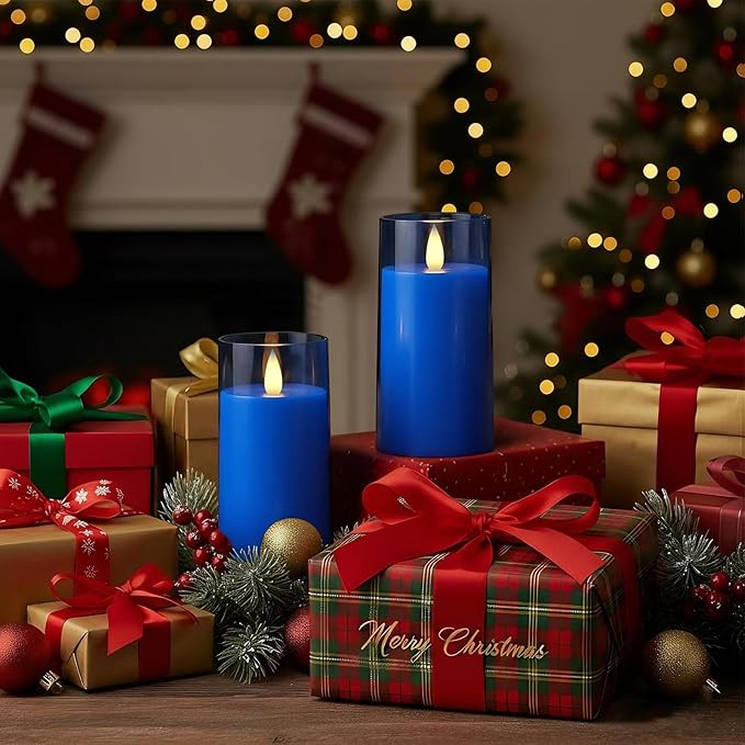 Raycare Flameless Electronic Pillar Candles with Remote Control and Timer- Battery Operated Realistic Flickering LED Fake Candle for Home, Wedding, Valentine's Day Decor,Blue,Set of 2(3"x6"6")