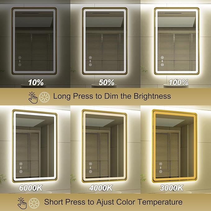 24x36 Inch Gold Framed LED Bathroom Mirror, Smart Bathroom Mirror with Motion Sensor Lights, Anti Fog, Stepless Dimmable & 3 Colors Temperature Adjustment, LED Vanity Mirror for Wall