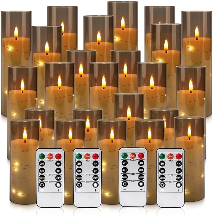 24 Pack Flameless LED Pillar Candles with Remote & Timer, Flickering Battery Operated Candles with Embedded Starry Lights, 3-Sizes Gray Acrylic Decorative Candles for Wedding, Home, Party Decor