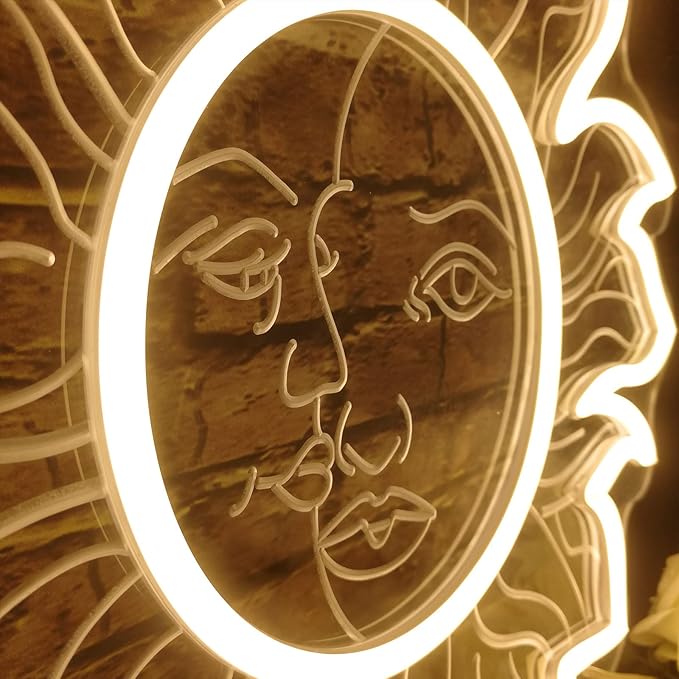 3D Sun and Moon LED Neon Light, Sunflower Neon Light Retro Sun Moon Face Neon Sign, Indie Boho Style Moth Constellation Aesthetic Wall Decor for Bedroom Dorm Living Room Man Cave, Birthday Gifts - 12"