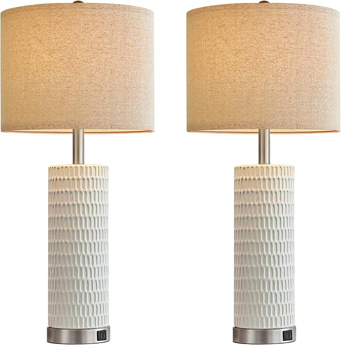 26.5" White Lamps for Bedroom Set of 2, Modern Table Lamps for Living Room with USB C+A Ports, Touch Lamps for Nightstand, Oatmeal Shade