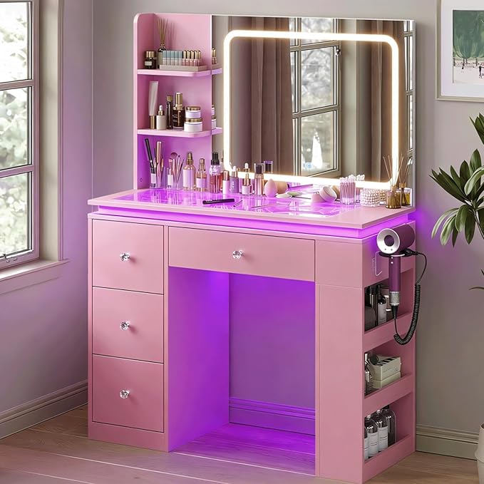 Pink Vanity Desk with Illuminated Mirror & Power Outlet, Bedroom Dresser LED Mirror Stepless Dimmable & 3 Color Modes Adjustable RGB Drawers, for Women Girls Bedroom（Pure Pink