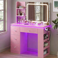 Pink Vanity Desk with Illuminated Mirror & Power Outlet, Bedroom Dresser LED Mirror Stepless Dimmable & 3 Color Modes Adjustable RGB Drawers, for Women Girls Bedroom（Pure Pink