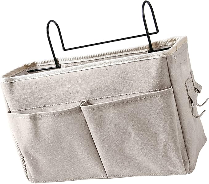 Nightstand Hanging Bag Cotton Linen Bedside Storage for Dorm Rooms (White)