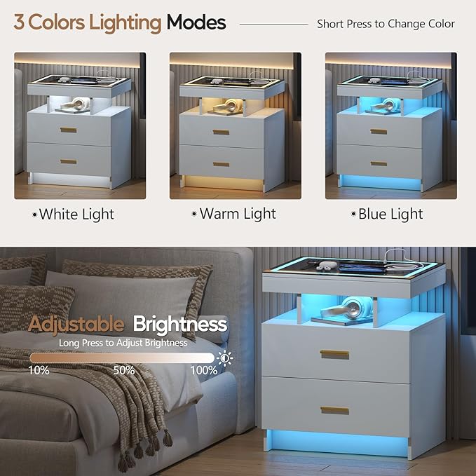 LED Nightstand with Wireless Charging Station,White Night Stand with 2 Drawers,Glass Top Smart Bedside Table,Modern End Table Side for Bedroom,Living Room,Office