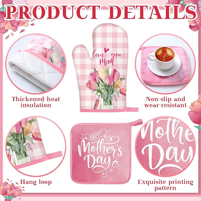 Fourluoo 10 Pcs Mothers Day Kitchen Decor Set Kitchen Towels and Rugs Oven Mitts and Pot Holders Farmhouse Decor for Mom Gift Cooking Baking Grilling