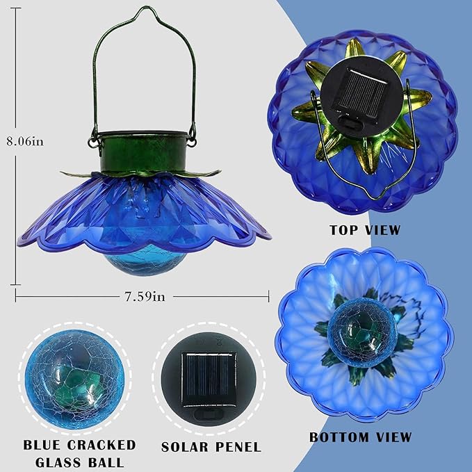 XUWEN Solar Lights Outdoor Waterproof - Blue Solar Flower Lights with Crackle Globe Glass Light, Hanging Lanterns Decorative Outdoor for Yard Walkway Lawn Fence,Christmas Housewarming Gifts for Women.