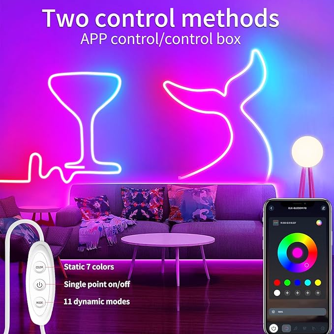 LED Neon Lights，3.3ft USB Powered LED Strip Lights，5V Color Changing Rope Light with APP Control，IP65 Waterproof RGB Rope Lights for Bedroom，Cabinet,Kitchen, DIY (with Adhesive Backing)