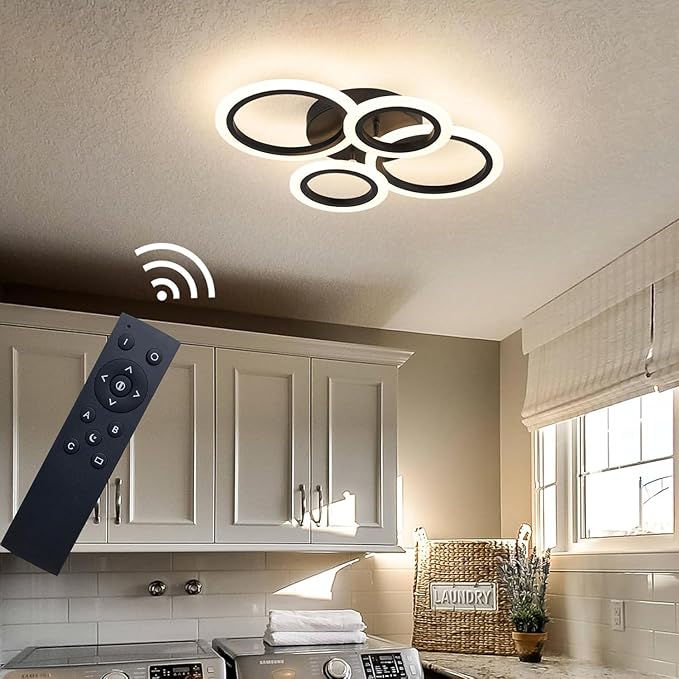 34W Modern LED Ceiling Light, 3000K-6000K Dimmable Ceiling Lighting Fixtures Ceiling Mount 4 Rings Black LED Chandelier Bedroom Lights Flush Mount with Remote for Kitchen, 2720LM