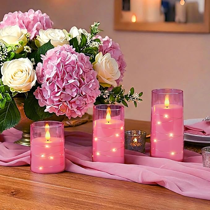 Homemory Flameless Candles with Embedded Star String Fairy Lights, Battery Operated Candles, LED Candle, Fake Candles with Remote Control and Timer, Pink, Set of 3(H 4" 5" 6”)