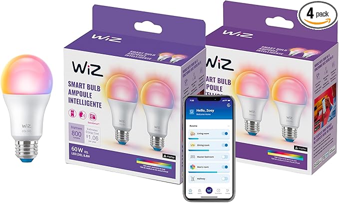 WiZ Connected Smart Light Bulbs, 4-Pack, Full Color A19 60W 800LM E26 LED Lights, Sunset/Sunrise Automation, Smart Bulbs with Motion Detection, Control with Voice or App