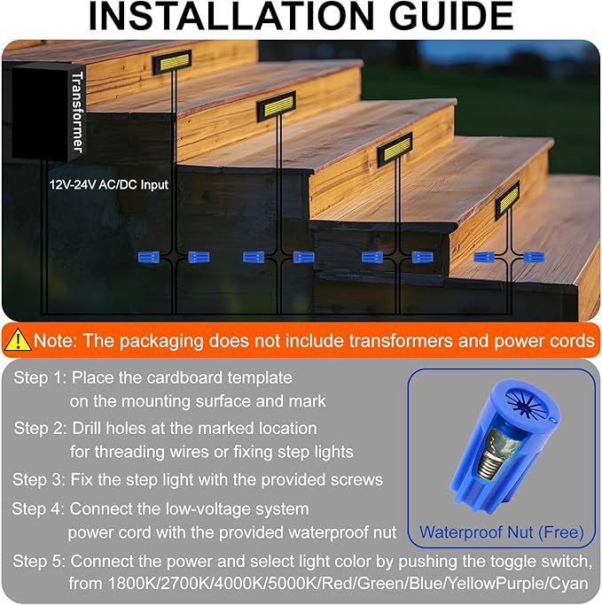 Low Voltage Step Lights, RGBCW, 5W, 8.7 Inch, Black, 12V LED RGB Color Changing for Wired Low Voltage Landscape Lighting of Outdoor Deck Stair Step Fence, Surface Mount, ETL, 6PK
