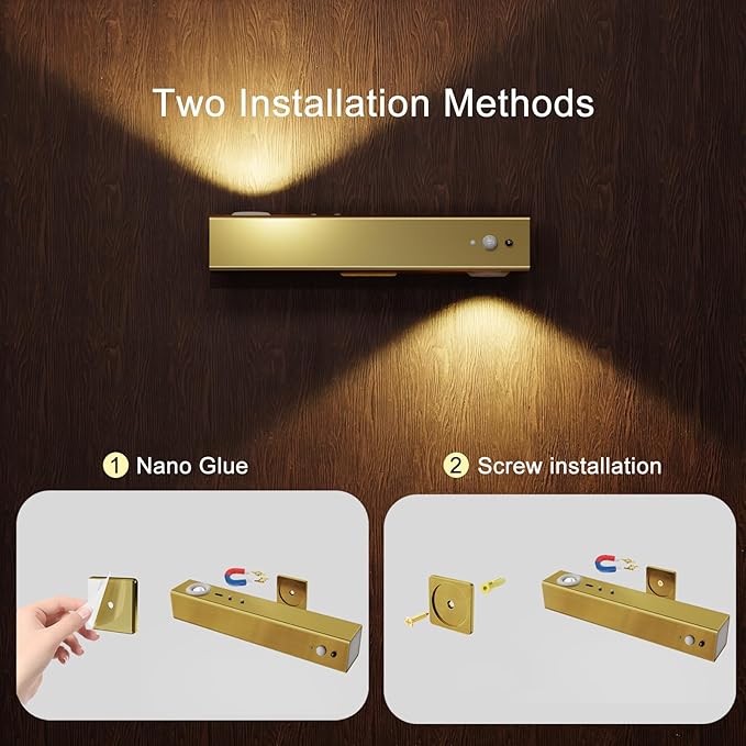 Motion Sensor Wall Light with Remote Control, Rechargeable Magnetic Wall Light, Wireless Motion Sensor Light Indoor Suitable for Hallway Light Room LED Night Light -1 Pack Brass