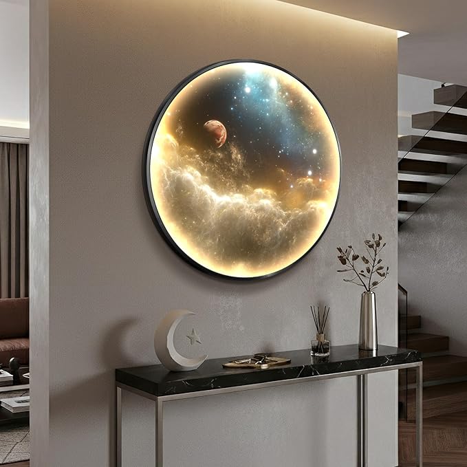 Troartos LED Galaxy Space Wall Art for Living Room, Large Modern Lighted Planet Artwork for Walls, Minimalist Dimmable Nebula Lighted Wall Decor for Hallway, Dining Room, Bedroom, Office, 30x30 Inch