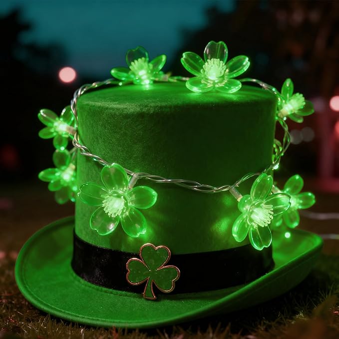 St. Patricks Day Flower String Lights, Decorative Green Cherry Blossom Floral Lamps Battery & USB Operated, 30 LED 10ft 8 Lighting Modes & Timer for Bedroom Classroom Christmas Party Decorations