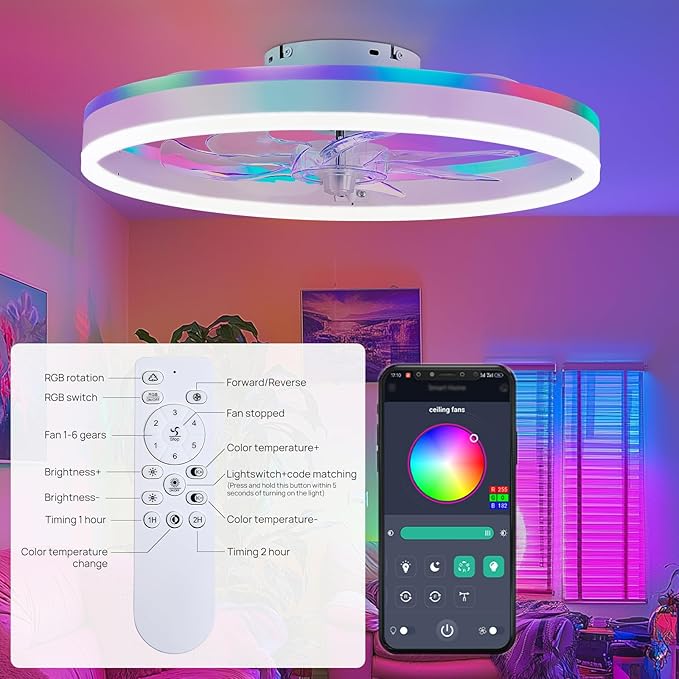 RGB Ceiling Fans with Lights, 20" Fandelier Low Profile Ceiling Fan with Light, Modern Flush Mount Ceiling Fan Light with Remote/APP Control, Bedroom Chandelier Fan Fixture for Indoor(White)