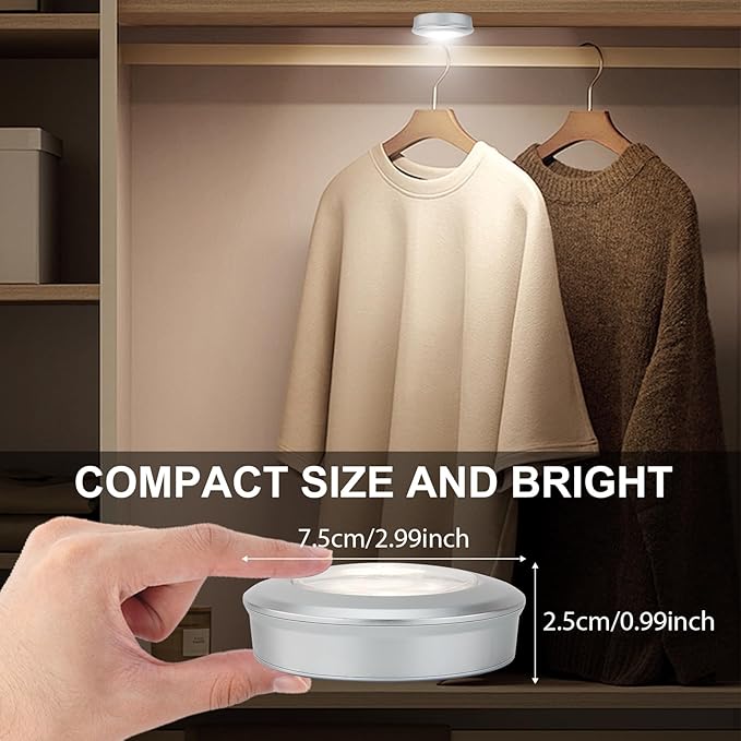 BIGMONAT LED Puck Light, Stick on Lights, Closet Lights Battery Operated, Tap Lights, 60 Lumens Touch Light, Under Cabinet Lighting, Ideal for Kitchen Cabinets, Closets, 3-Pack, Silver