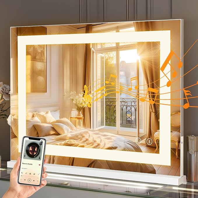 FENCHILIN Vanity Mirror with Lights 23” x 18” Hollywood Makeup Mirror with Light Strip Smart Touch Control 3 Colors Dimmable Light Strip & 10X Magnification White