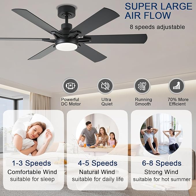 52in Ceiling Fans with Lights RGB Ceiling Fan with Light and Remote/APP Control,Low Profile Ceiling Fans with Lights for Bedroom,Living Room,Kids Room,3CCT Dimmable Modern Ceiling Fan, 6 Speeds,black