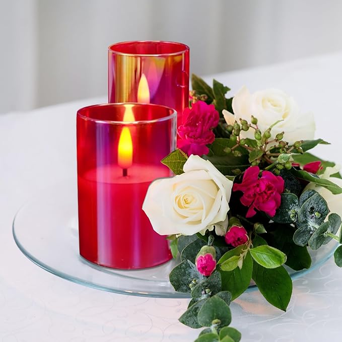 Eywamage Red Glass Flameless Candles with Remote Batteries, Flickering Slim Tall LED Pillar Candles Set of 5