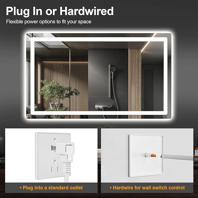 Led Mirror for Bathroom, 30x50 Bathroom Vanity Mirror for Wall with Light, IP54 Enhanced Anti-Fog, Dimmable 3 Colors, Memory Function, Backlit and Front Lit, Shatter-Proof Glass, Plug-in/Hardwired
