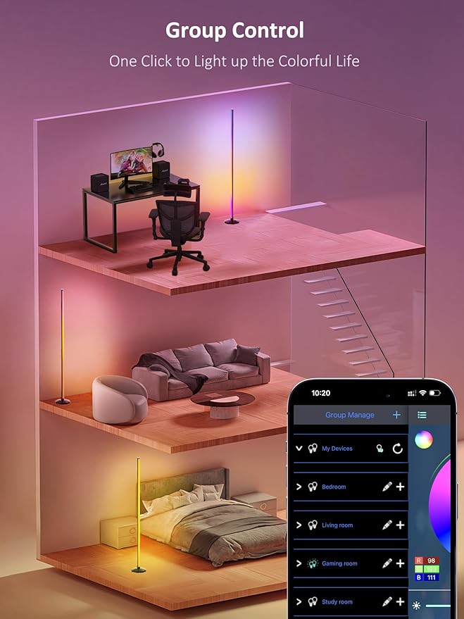 RGB Corner Floor Lamp：Uocub 16 Million DIY Colors & 68+ Scene LED Smart Modern Floor Lamp with Timing, Music Sync, App and Remote Control Standing Lamp for Living Room