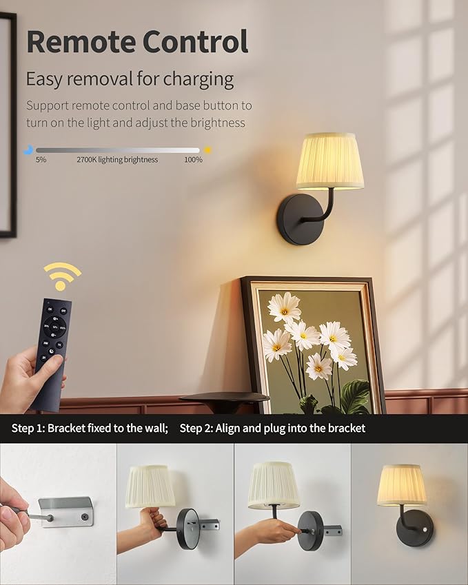 PUSU LED Cordless Black H9.6 inch Small Wall Sconces Set of 2, Rechargeable 5200mAh Battery Operated Fabric Wall Lamp with Remote, Lighting for Living Room, Bedroom, Hallway, Bathroom, Stairs, Kitchen