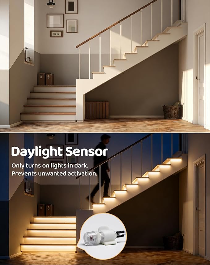 12-Step LED Stair Lights, 12V 6W 3000K Warm White Stair Lighting with Radar Motion & Daylight Sensors, Remote Control, Cuttable Every 1 Inch, Plug-and-Play Design,UL Listed