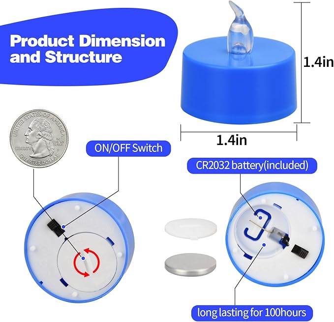 KOABY 12 Pack Blue Light Non-Flickering Flameless Tea Lights, Blue Base, Last 100H+, Battery Operated Tea Lights for Decor