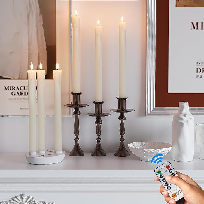 6 Pcs Rechargeable Flameless Taper Candles with Charging Station, Real Wax LED Taper Candles Flickering with Remote&Timer,3D Battery Operated Window Candlesticks for Home Wedding Christmas Decor Ivory